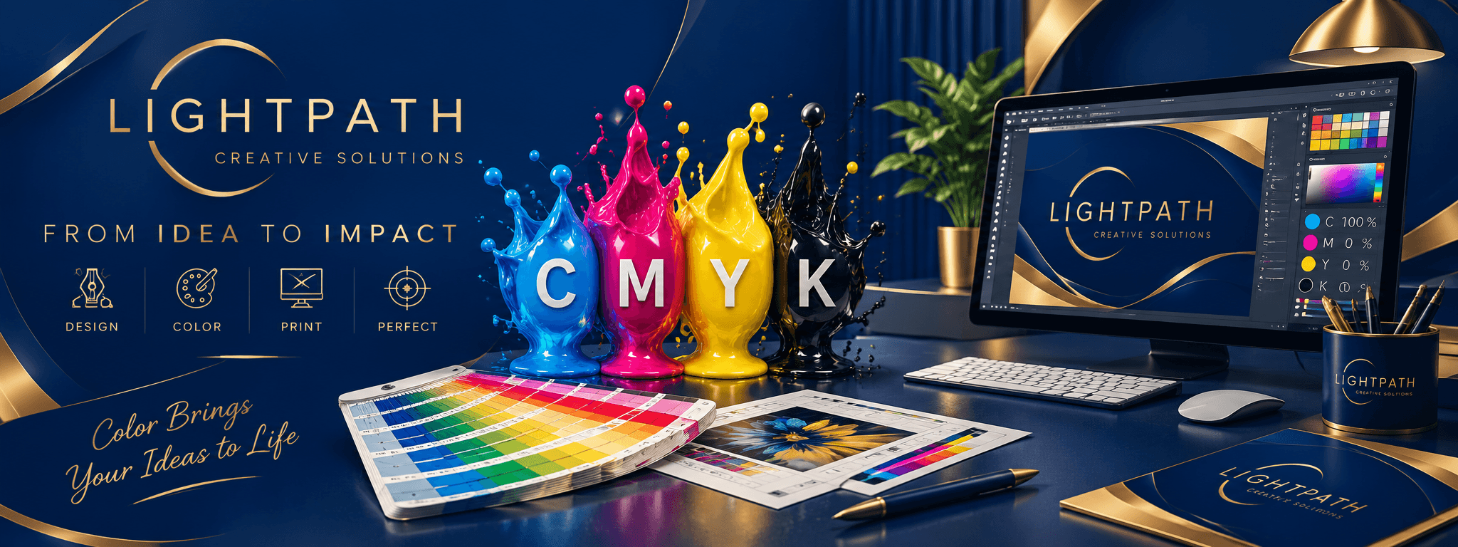 Creative production tools, print colour swatches and a design monitor
